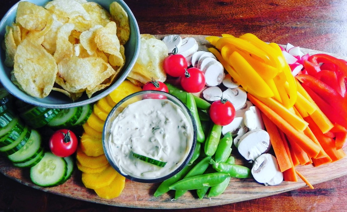 veggie and potato chips with sour cream-onion dip