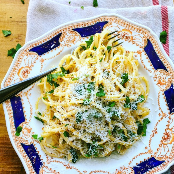 linguine with garlic breadcrumbs, fresh parsley and grated Romano